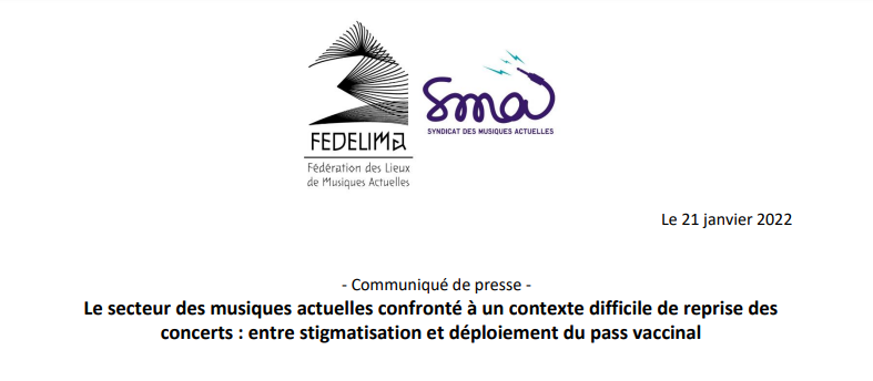 COMMUNIQUÉ – LE SECTEUR DES MUSIQUES ACTUELLES CONFRONTÉ À UN CONTEXTE DIFFICILE DE REPRISE DES CONCERTS : ENTRE STIGMATISATION ET DÉPLOIEMENT DU PASS VACCINAL